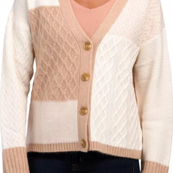 ✨ Rachel Zoe 100% 2-ply Cashmere Textured Patchwork Knit Preppy Cardigan ✨ - Picture 3 of 10